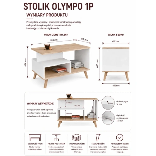 Stolik Kawowy OLYMPO 1P BIAŁY DĄB ARTISAN Ława do Salonu 90x49x48 Cm-6