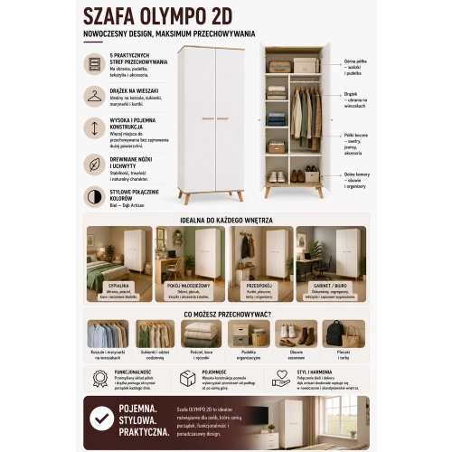 Szafa Ubraniowa OLYMPO 2D BIAŁA DĄB ARTISAN 80 Cm Drążek 2 Drzwi Sypialnia-5