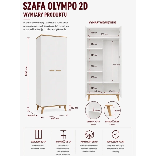 Szafa Ubraniowa OLYMPO 2D BIAŁA DĄB ARTISAN 80 Cm Drążek 2 Drzwi Sypialnia-6