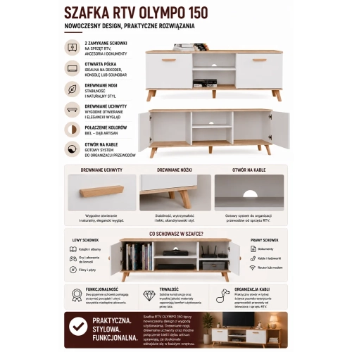 Szafka RTV OLYMPO 150 BIAŁA DĄB ARTISAN 150 CM Stolik Pod TV Telewizor-6