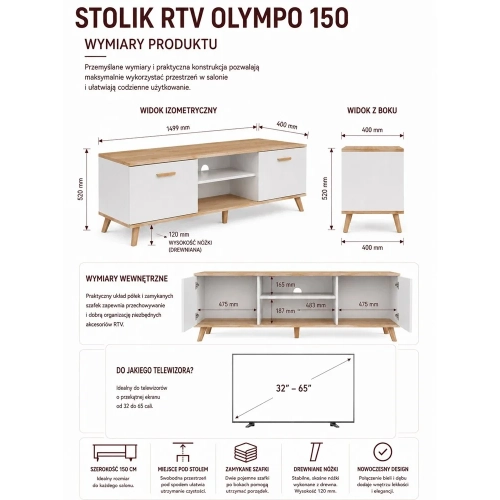 Szafka RTV OLYMPO 150 BIAŁA DĄB ARTISAN 150 CM Stolik Pod TV Telewizor-7