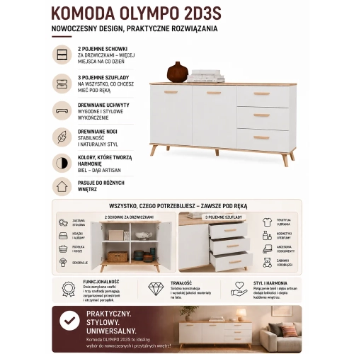 Komoda OLYMPO 2D3S BIAŁA DĄB ARTISAN Szafka 150 Cm 3 Szuflady 2 Drzwi-7