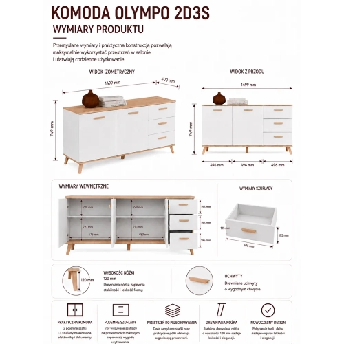 Komoda OLYMPO 2D3S BIAŁA DĄB ARTISAN Szafka 150 Cm 3 Szuflady 2 Drzwi-8