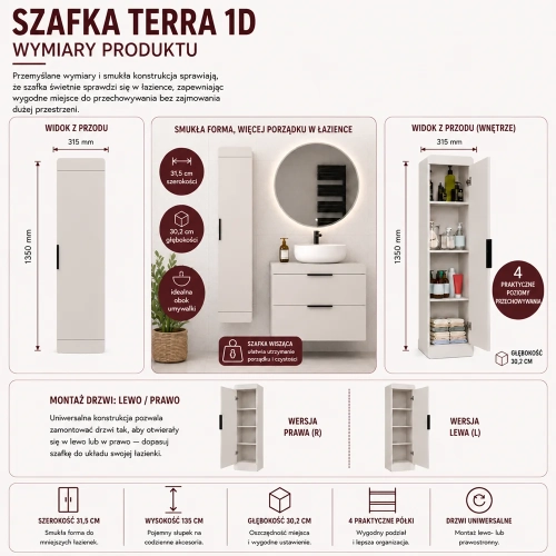 Szafka Łazienkowa Wisząca TERRA 1D KASZMIR BEŻ Słupek 4 Półki Do Łazienki-6