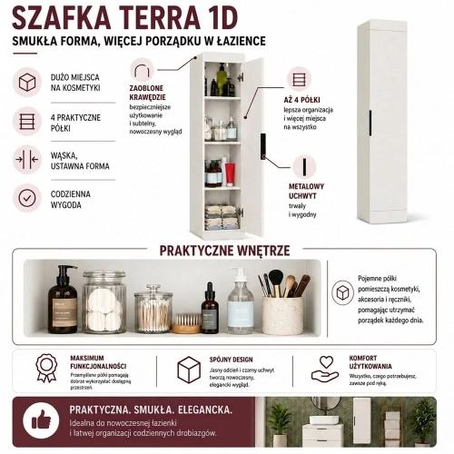 Szafka Łazienkowa Wisząca TERRA 1D KASZMIR BEŻ Słupek 4 Półki Do Łazienki-7