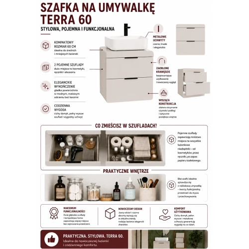 Szafka Pod Umywalkę TERRA 60 2S Wisząca KASZMIR 2 Szuflady 60x58x45 Cm-5