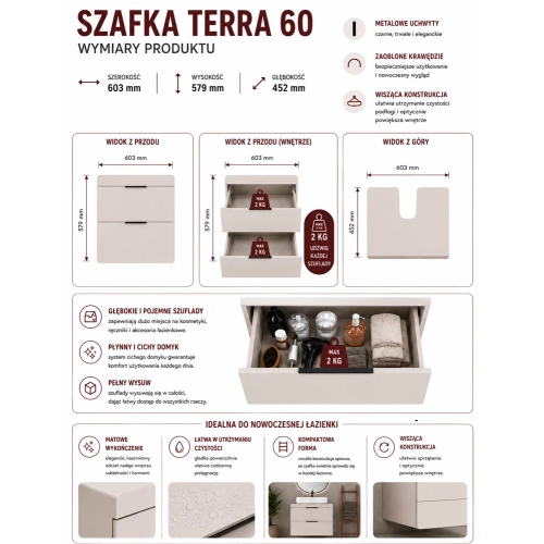 Szafka Pod Umywalkę TERRA 60 2S Wisząca KASZMIR 2 Szuflady 60x58x45 Cm-6