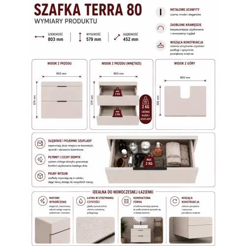 Szafka Pod Umywalkę TERRA 80 2S Wisząca KASZMIR 2 Szuflady 80x58x45 Cm-5