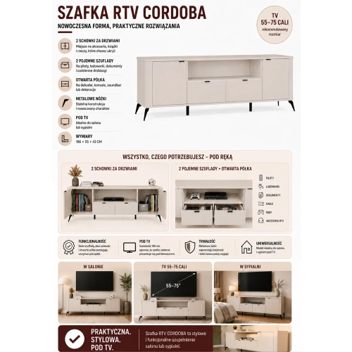 Szafka RTV CORDOBA 2D2S Kaszmir Beż Szafka Pod TV 2 Szuflady do Salonu-8