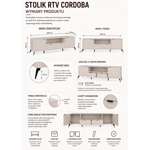 Szafka RTV CORDOBA 2D2S Kaszmir Beż Szafka Pod TV 2 Szuflady do Salonu-9
