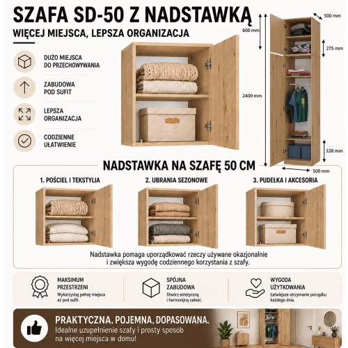 Szafa z Nadstawką SD-50 Drzwi Półki DĄB ARTISAN Do Garderoby Pokoju Biura-6