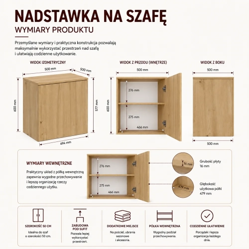 Szafa z Nadstawką SD-50 Drzwi Półki DĄB ARTISAN Do Garderoby Pokoju Biura-7