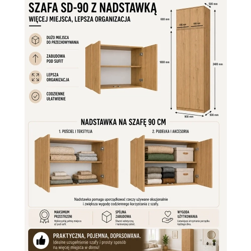Szafa z Nadstawką SD-90 Drzwi Półki DĄB ARTISAN Do Garderoby Pokoju Biura-6