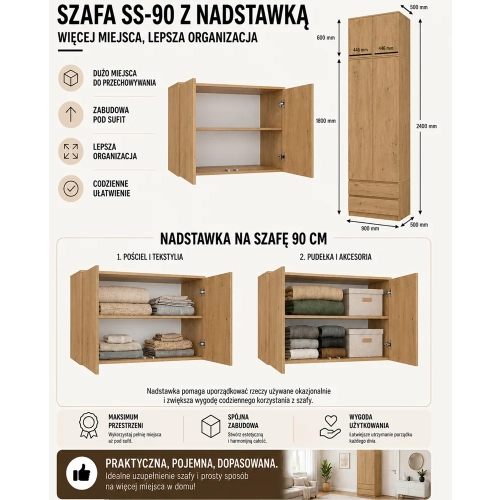 Szafa Malwa SS-90 z Nadstawką DĄB ARTISAN Do Garderoby Pokoju-4