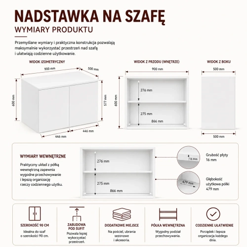 Szafa z Nadstawką SD-90 Drzwi Półki BIAŁY Do Garderoby Pokoju Biura-7