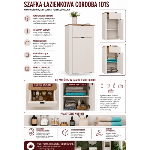 Szafka Łazienkowa CORDOBA 1D1S KASZMIR DĄB CASTELLO Wisząca z Szufladą-7
