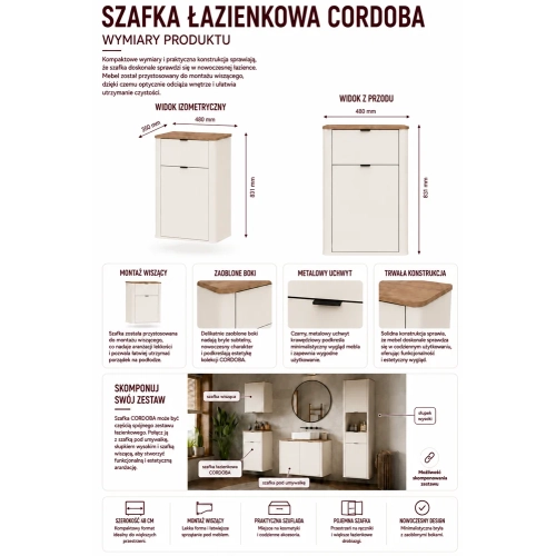 Szafka Łazienkowa CORDOBA 1D1S KASZMIR DĄB CASTELLO Wisząca z Szufladą-8