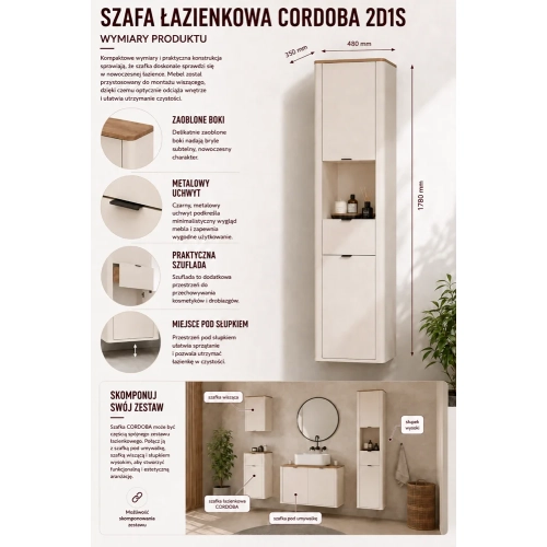 Szafka Łazienkowa CORDOBA 2D1S KASZMIR DĄB CASTELLO Wisząca Słupek Szuflada-8