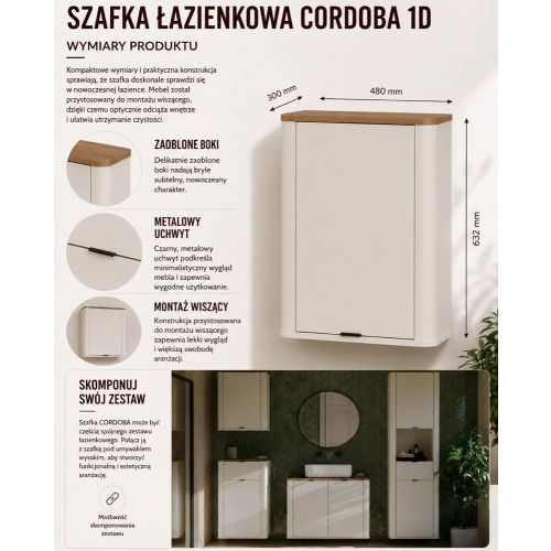 Szafka Łazienkowa CORDOBA 1D KASZMIR DĄB CASTELLO Wisząca 2 Półki-8