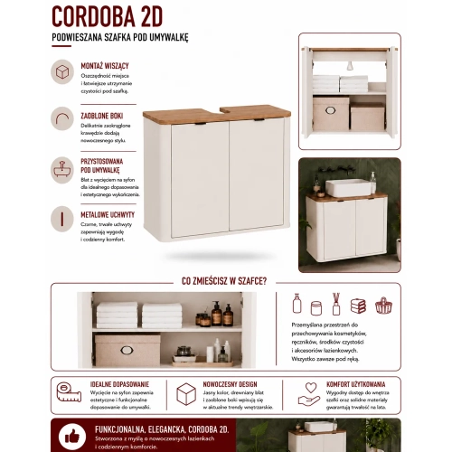Szafka Łazienkowa Pod Umywalkę CORDOBA 2D KASZMIR DĄB CASTELLO Wisząca-7