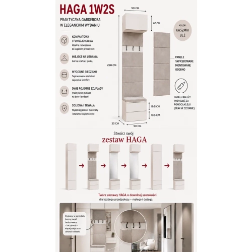 Garderoba HAGA 1W2S Wieszak 2 Szuflady Do Korytarza KASZMIR BEŻ 238x50x35-10