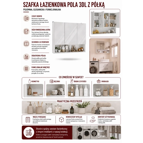 Szafka Łazienkowa Wisząca POLA 3DL/P BIAŁY 80 Cm 3 Lustra z Półką-6