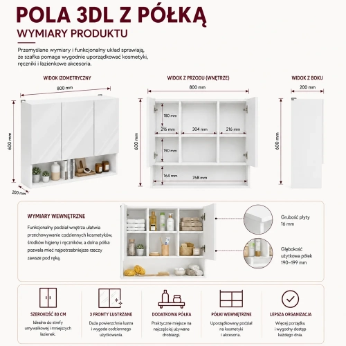 Szafka Łazienkowa Wisząca POLA 3DL/P BIAŁY 80 Cm 3 Lustra z Półką-7