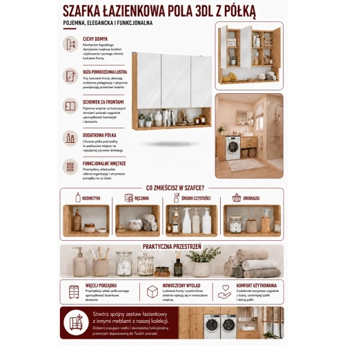 Szafka Łazienkowa Wisząca POLA 3DL/P DĄB ARTISAN 80 Cm 3 Lustra z Półką-6