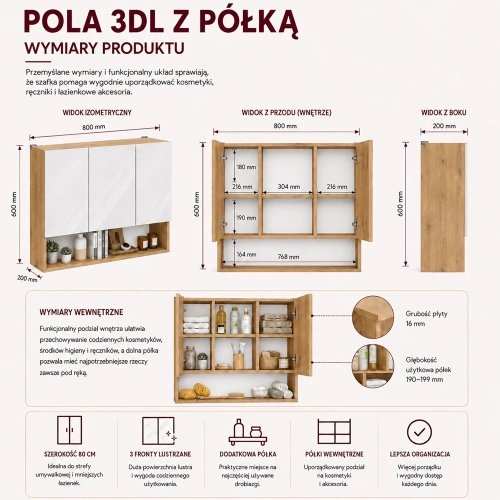 Szafka Łazienkowa Wisząca POLA 3DL/P DĄB ARTISAN 80 Cm 3 Lustra z Półką-7