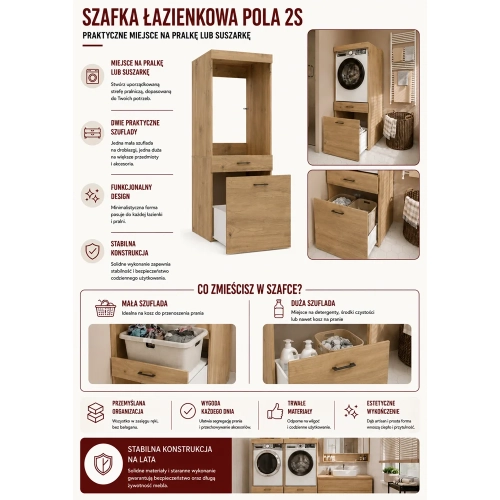 Szafka Łazienkowa Na Pralkę Lub Suszarkę POLA 2S DĄB ARTISAN 2 Szuflady-5