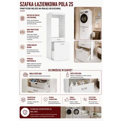 Szafka Łazienkowa Na Pralkę Lub Suszarkę POLA 2S BIAŁA 2 Szuflady Regał-6