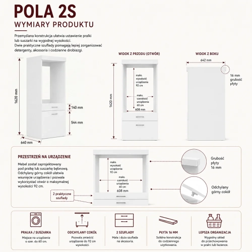 Szafka Łazienkowa Na Pralkę Lub Suszarkę POLA 2S BIAŁA 2 Szuflady Regał-7