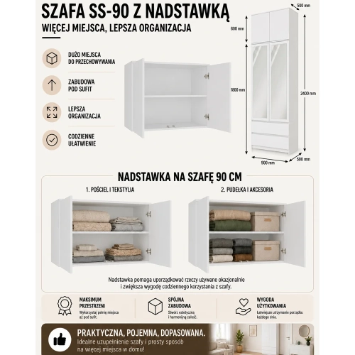 SZAFA Malwa SS-90 Z Lustrem z Nadstawką BIAŁA 2 Drzwi 2 Szuflady Do Pokoju-3