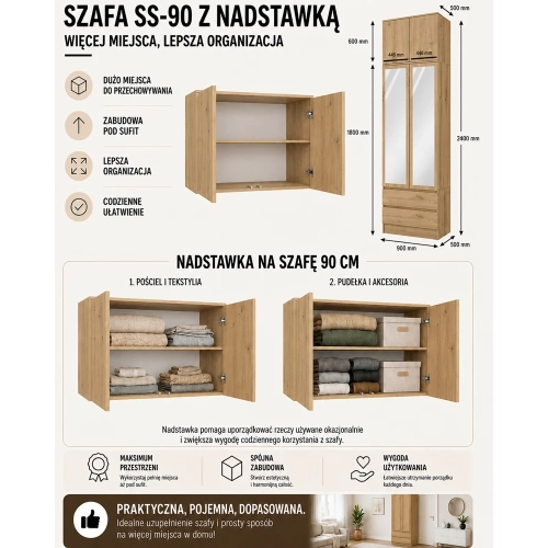 SZAFA Malwa SS-90 Z Lustrem z Nadstawką DĄB ARTISAN 2 Drzwi 2 Szuflady Do Pokoju-3