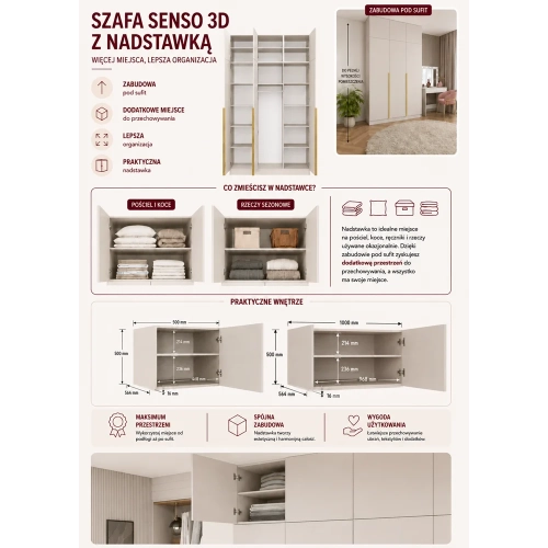Szafa SENSO 3D Wysoka Z NADSTAWKĄ KASZMIR 150 Cm Drzwi Złote Uchwyty 250 Cm-7