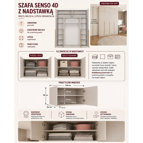 Szafa SENSO 4D Z NADSTAWKĄ Wysoka KASZMIR Drzwi Złote Uchwyty 250x200 Cm-7
