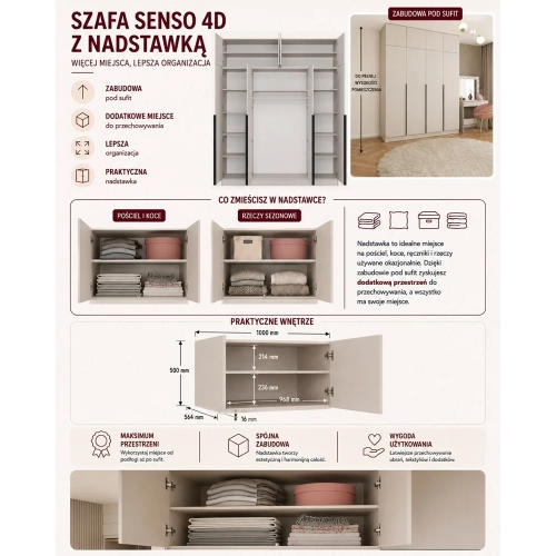 Szafa SENSO 4D z NADSTAWKĄ Wysoka KASZMIR Drzwi Czarne Uchwyty 250x200 Cm-7