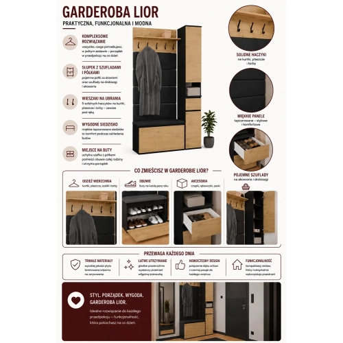 Garderoba LIOR Do Przedpokoju DĄB ARTISAN CZARNA z Siedziskiem i Wieszakiem-5