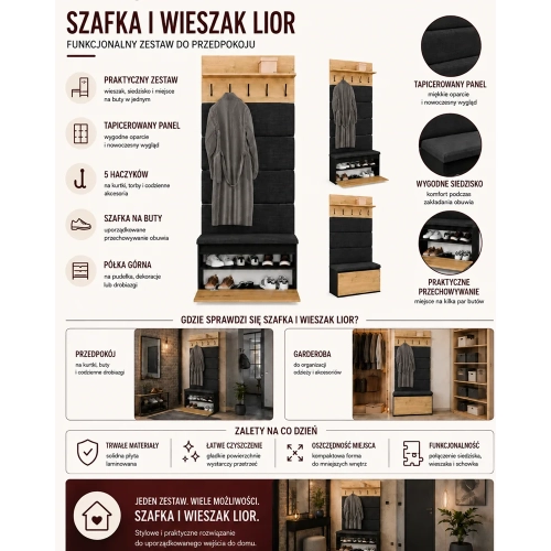 WIESZAK + SZAFKA Na Buty LIOR CZERŃ / DĄB ARTISAN 202.5x80x35 Cm Przedpokój-5