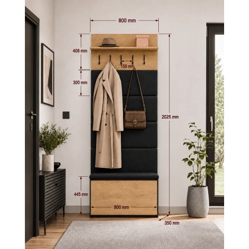 WIESZAK + SZAFKA Na Buty LIOR CZERŃ / DĄB ARTISAN 202.5x80x35 Cm Przedpokój-6