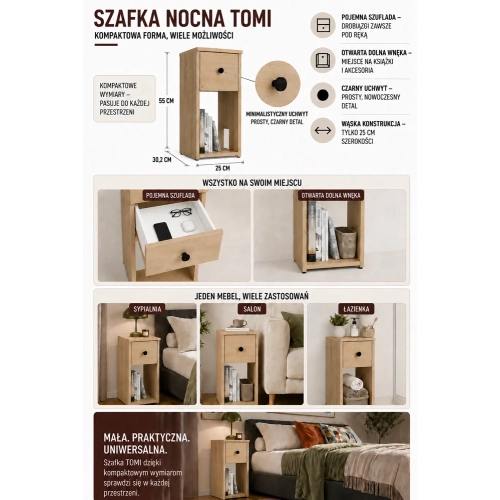 SZAFKA NOCNA TOMI 25 1S DĄB ARTISAN Stolik Nocny z Szufladą do Sypialni-5