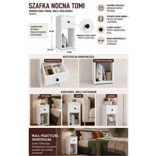 SZAFKA NOCNA TOMI 25 1S BIAŁY Stolik Nocny z Szufladą do Sypialni-5