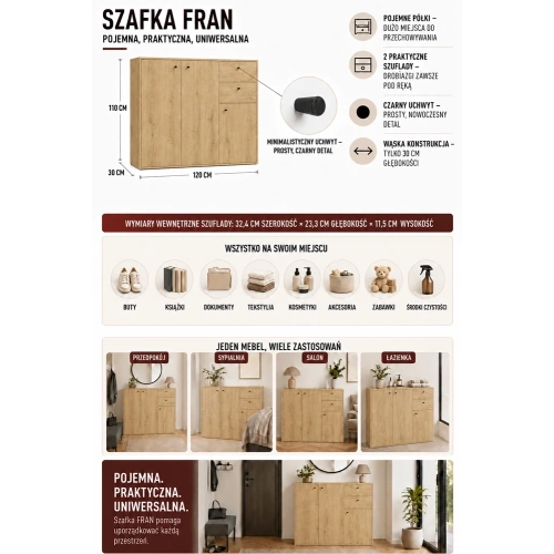 KOMODA FRAN DĄB ARTISAN 120 Cm 3 Drzwi 2 Szuflady 30 Cm Do Salonu Sypialni-6