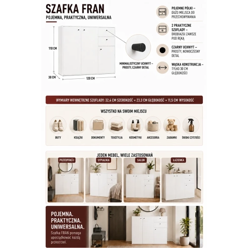 KOMODA FRAN BIAŁY 120 Cm Szafka 3 Drzwi 2 Szuflady 30 Cm Do Salonu Sypialni-7