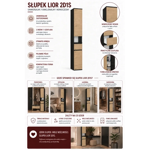 SZAFKA Słupek LIOR 2D1S CZERŃ DĄB ARTISAN Regał Szuflada Do Pokoju Biura-6