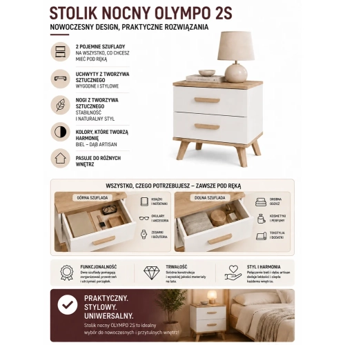 Szafka Nocna OLYMPO 2S BIAŁY DĄB ARTISAN Stolik 2 Szuflady Do Sypialni-8