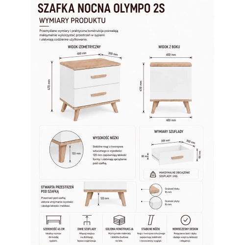 Szafka Nocna OLYMPO 2S BIAŁY DĄB ARTISAN Stolik 2 Szuflady Do Sypialni-9