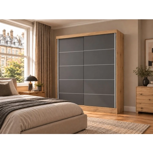 SZAFA Przesuwna IGA 160 CM Szprosy DĄB ARTISAN ANTRACYT Stylowa i Funkcjonalna-4