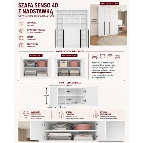 SZAFA SENSO 4D z Nadstawką Wysoka BIEL Drzwi Czarne uchwyty 250x200 Cm-7