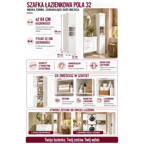 SZAFKA Łazienkowa Słupek POLA 32 BIAŁY 180 cm Głębokość 64 cm 2 Drzwi Półki-5